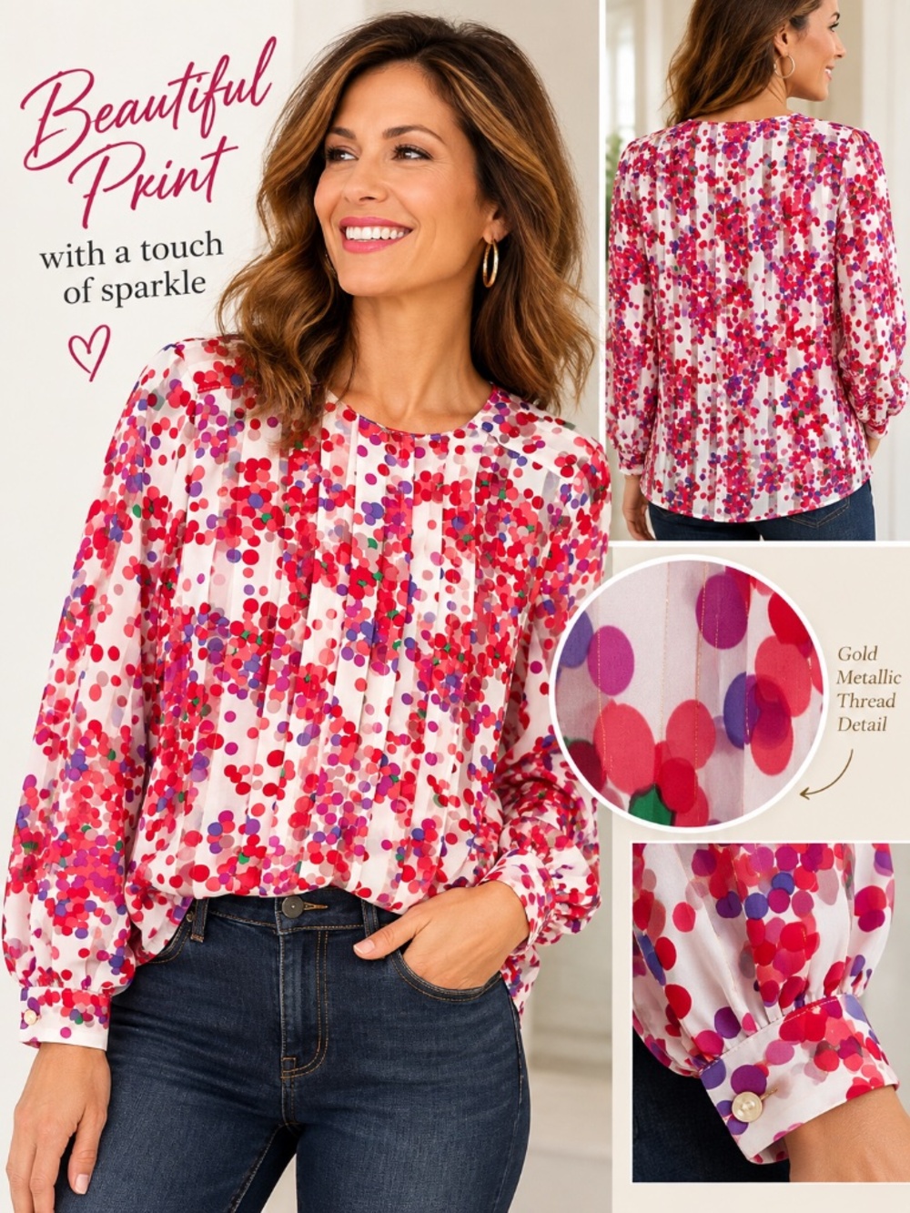 Vintage Nicola Confetti Print Blouse Size 8 | Gold Metallic Thread